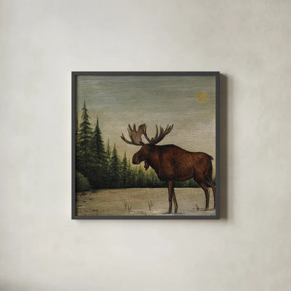 North Woods Moose II by David Carter Brown. Shown in a sleek black glass frame for a contemporary gallery look. Available as an archival giclee rolled canvas, fine art paper, or poster print. SKU 26764a.