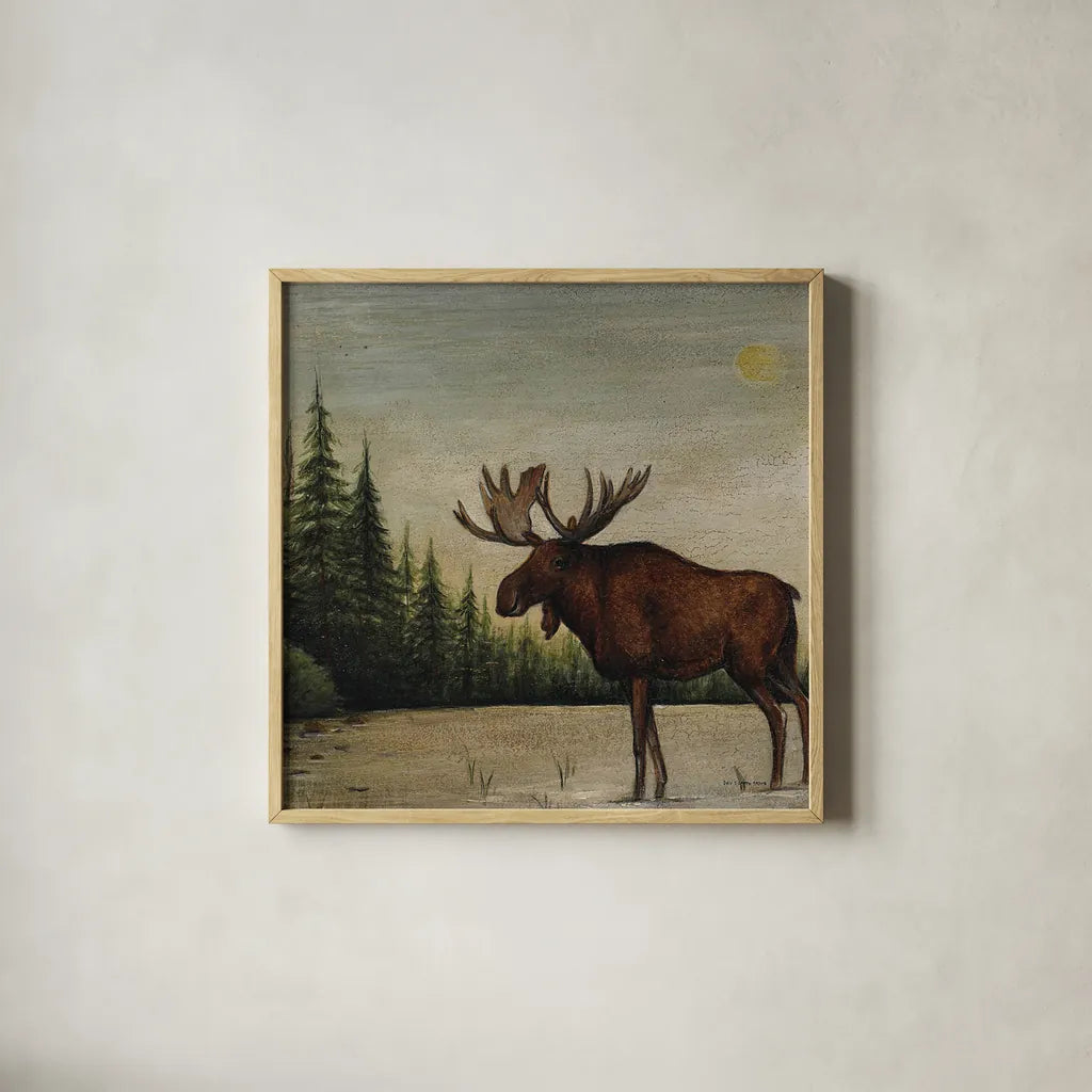 North Woods Moose II by David Carter Brown. Shown in a natural wood glass frame for a timeless modern aesthetic. Available as an archival giclee rolled canvas, fine art paper, or poster print. SKU 26764a.
