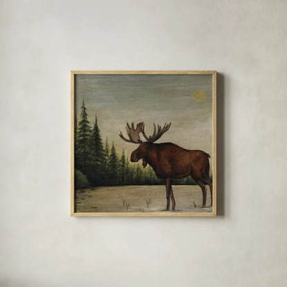 North Woods Moose II by David Carter Brown. Shown in a natural wood glass frame for a timeless modern aesthetic. Available as an archival giclee rolled canvas, fine art paper, or poster print. SKU 26764a.