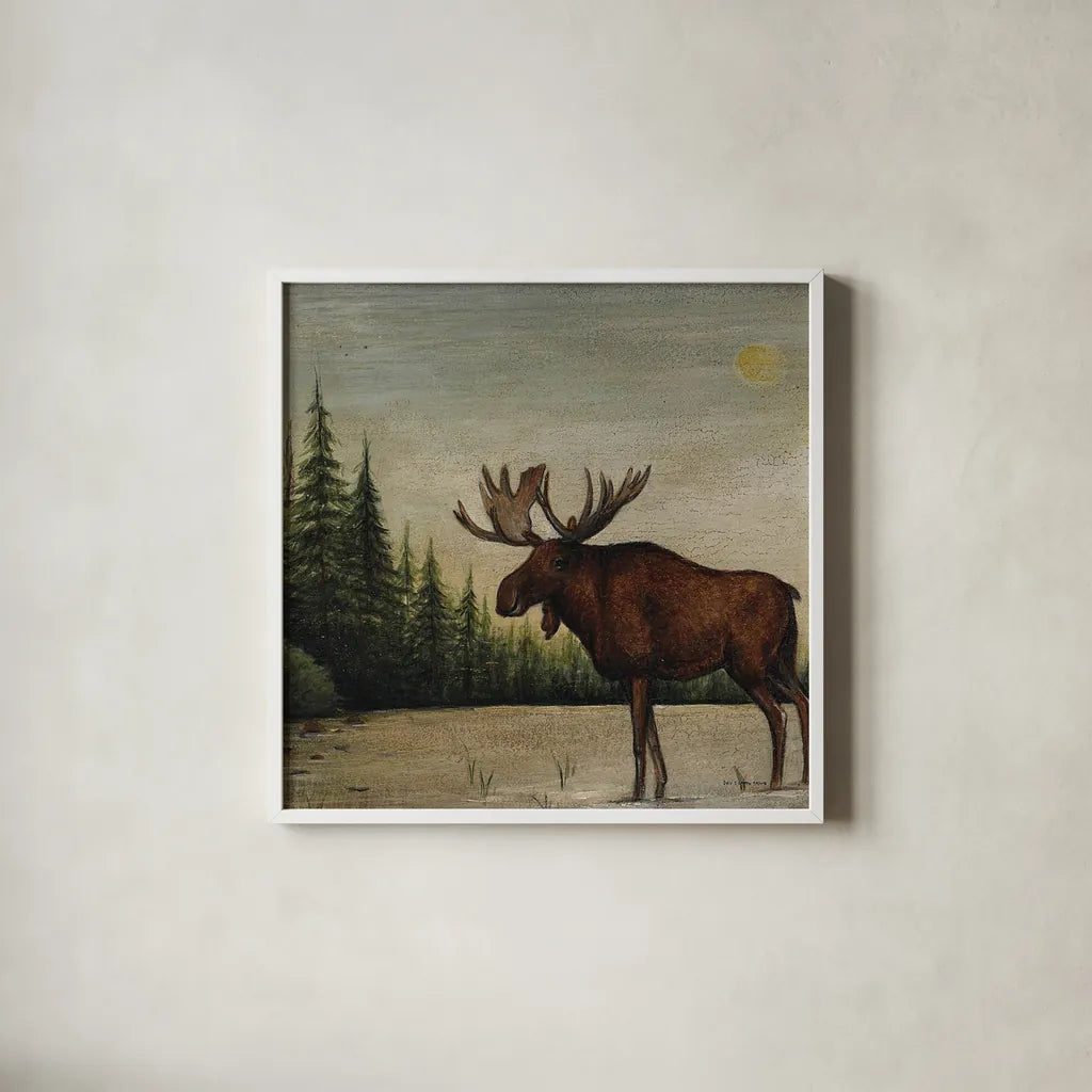 North Woods Moose II by David Carter Brown. Shown in a crisp white glass frame for a clean and minimalist style. Available as an archival giclee rolled canvas, fine art paper, or poster print. SKU 26764a.