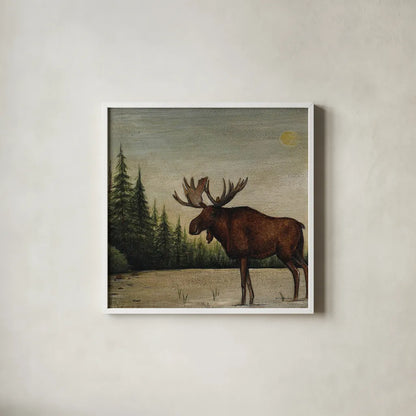 North Woods Moose II by David Carter Brown. Shown in a crisp white glass frame for a clean and minimalist style. Available as an archival giclee rolled canvas, fine art paper, or poster print. SKU 26764a.