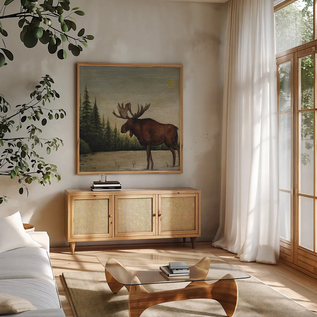 North Woods Moose II by David Carter Brown. Shown in a natural wood frame in a cozy modern living room. Available as an archival giclee rolled canvas, fine art paper, or poster print. SKU 26764a.