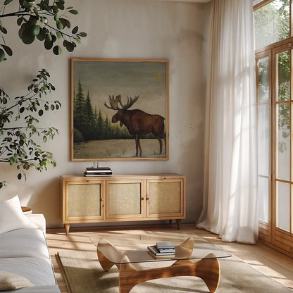 North Woods Moose II by David Carter Brown. Shown in a natural wood frame in a cozy modern living room. Available as an archival giclee rolled canvas, fine art paper, or poster print. SKU 26764a.