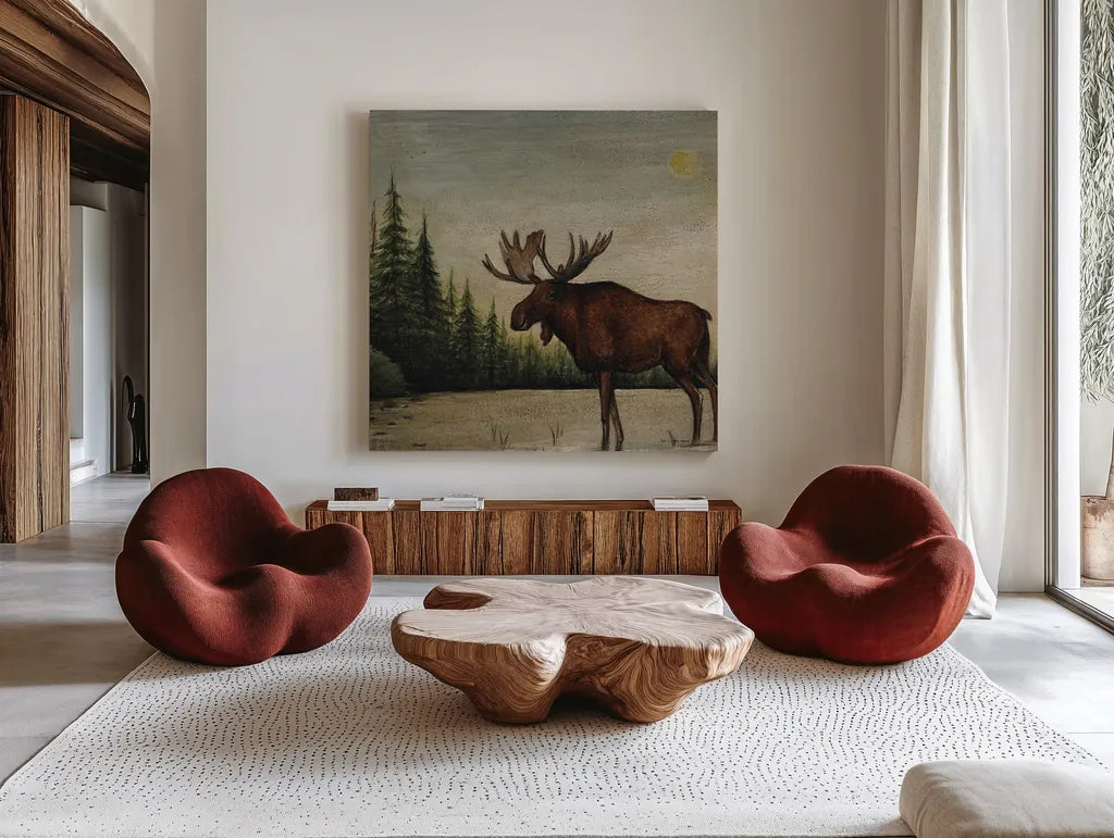 North Woods Moose II by David Carter Brown. Shown as extra-large giant wall art in a modern living room. Available as an archival giclee rolled canvas, fine art paper, or poster print. SKU 26764a.