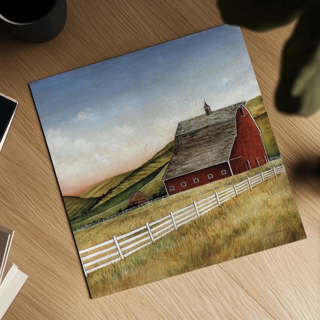 Old Red Barn by David Carter Brown. Shown as a detailed flat fine art print, highlighting archival giclee quality. Available as an archival giclee rolled canvas, fine art paper, or poster print. SKU 30174a.