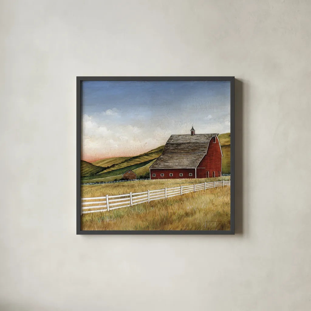 Old Red Barn by David Carter Brown. Shown in a sleek black glass frame for a contemporary gallery look. Available as an archival giclee rolled canvas, fine art paper, or poster print. SKU 30174a.