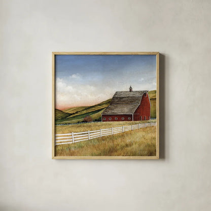 Old Red Barn by David Carter Brown. Shown in a natural wood glass frame for a timeless modern aesthetic. Available as an archival giclee rolled canvas, fine art paper, or poster print. SKU 30174a.