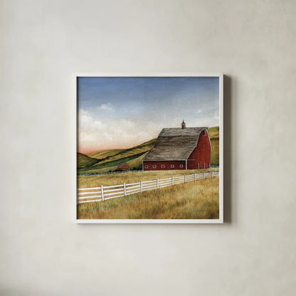 Old Red Barn by David Carter Brown. Shown in a crisp white glass frame for a clean and minimalist style. Available as an archival giclee rolled canvas, fine art paper, or poster print. SKU 30174a.