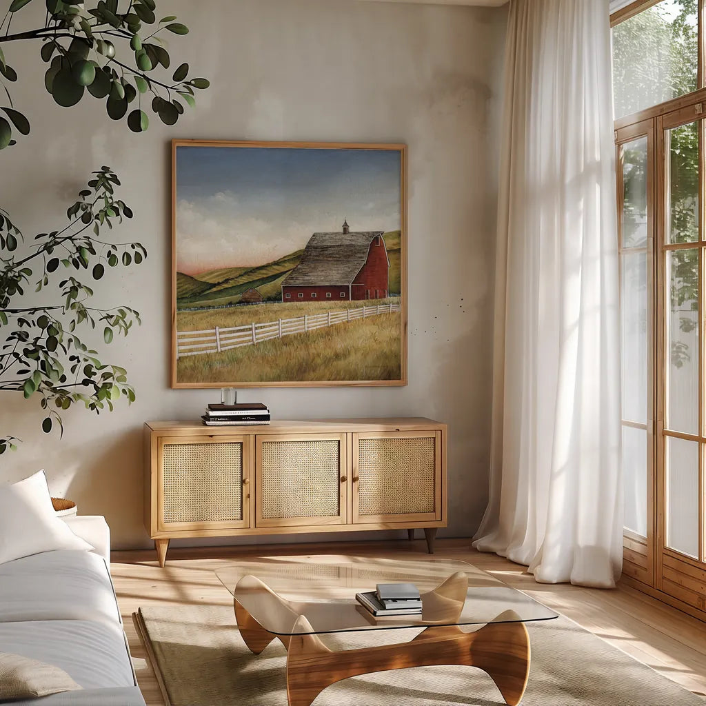 Old Red Barn by David Carter Brown. Shown in a natural wood frame in a cozy modern living room. Available as an archival giclee rolled canvas, fine art paper, or poster print. SKU 30174a.