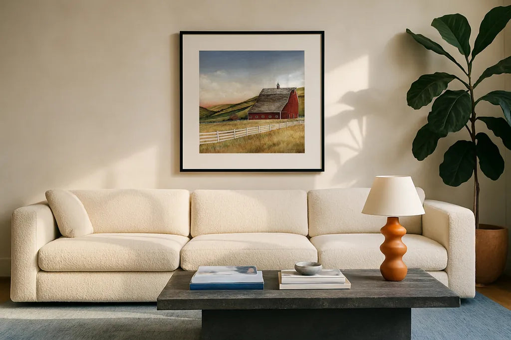 Old Red Barn by David Carter Brown. Displayed in a glass frame with matte in a clean modern living room. Available as an archival giclee rolled canvas, fine art paper, or poster print. SKU 30174a.
