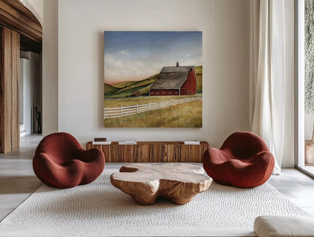 Old Red Barn by David Carter Brown. Shown as extra-large giant wall art in a modern living room. Available as an archival giclee rolled canvas, fine art paper, or poster print. SKU 30174a.