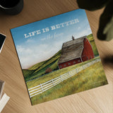 Old Red Barn with Words by David Carter Brown. Shown as a detailed flat fine art print, highlighting archival giclee quality. Available as an archival giclee rolled canvas, fine art paper, or poster print. SKU 27738a.
