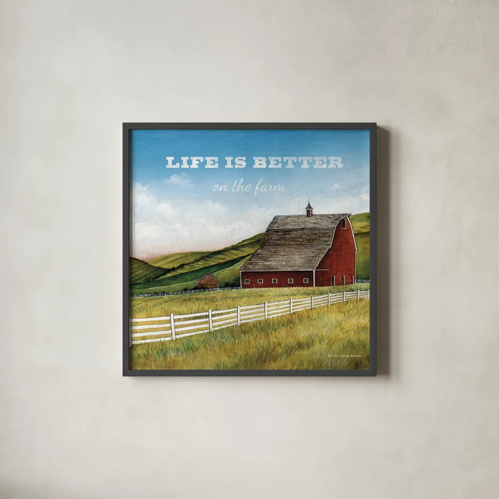 Old Red Barn with Words by David Carter Brown. Shown in a sleek black glass frame for a contemporary gallery look. Available as an archival giclee rolled canvas, fine art paper, or poster print. SKU 27738a.