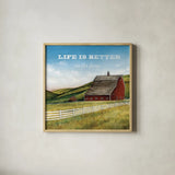 Old Red Barn with Words by David Carter Brown. Shown in a natural wood glass frame for a timeless modern aesthetic. Available as an archival giclee rolled canvas, fine art paper, or poster print. SKU 27738a.