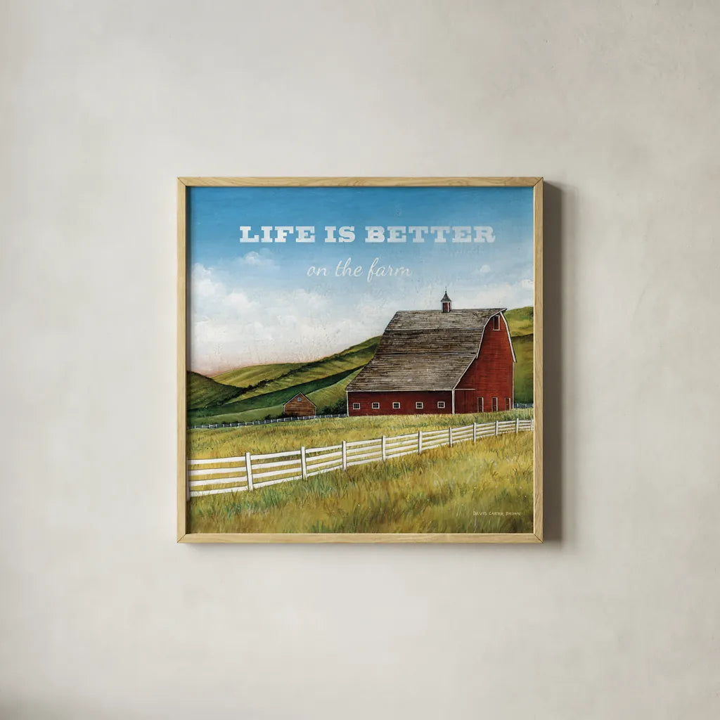 Old Red Barn with Words by David Carter Brown. Shown in a natural wood glass frame for a timeless modern aesthetic. Available as an archival giclee rolled canvas, fine art paper, or poster print. SKU 27738a.