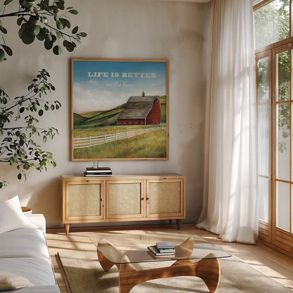 Old Red Barn with Words by David Carter Brown. Shown in a natural wood frame in a cozy modern living room. Available as an archival giclee rolled canvas, fine art paper, or poster print. SKU 27738a.