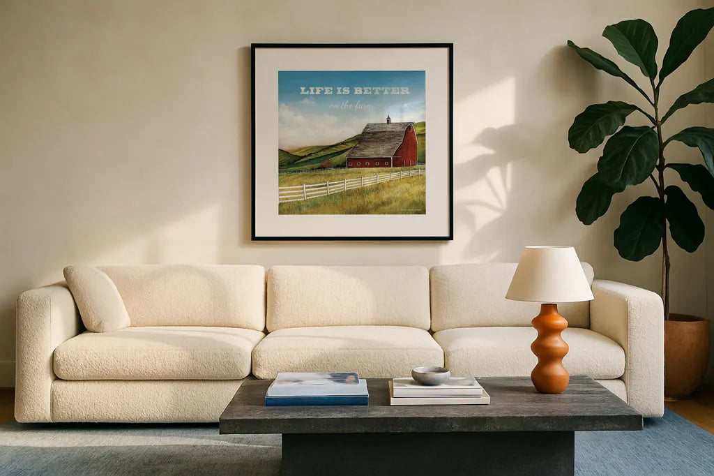 Old Red Barn with Words by David Carter Brown. Displayed in a glass frame with matte in a clean modern living room. Available as an archival giclee rolled canvas, fine art paper, or poster print. SKU 27738a.