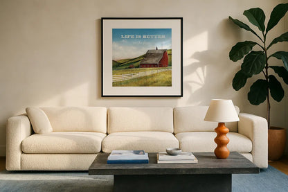 Old Red Barn with Words by David Carter Brown. Displayed in a glass frame with matte in a clean modern living room. Available as an archival giclee rolled canvas, fine art paper, or poster print. SKU 27738a.