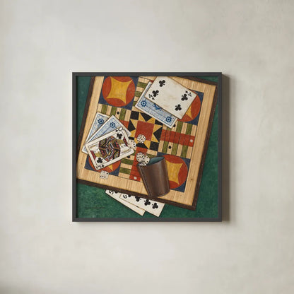 Parcheesi by David Carter Brown. Shown in a sleek black glass frame for a contemporary gallery look. Available as an archival giclee rolled canvas, fine art paper, or poster print. SKU 1259a.