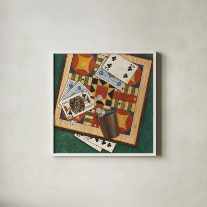 Parcheesi by David Carter Brown. Shown in a crisp white glass frame for a clean and minimalist style. Available as an archival giclee rolled canvas, fine art paper, or poster print. SKU 1259a.