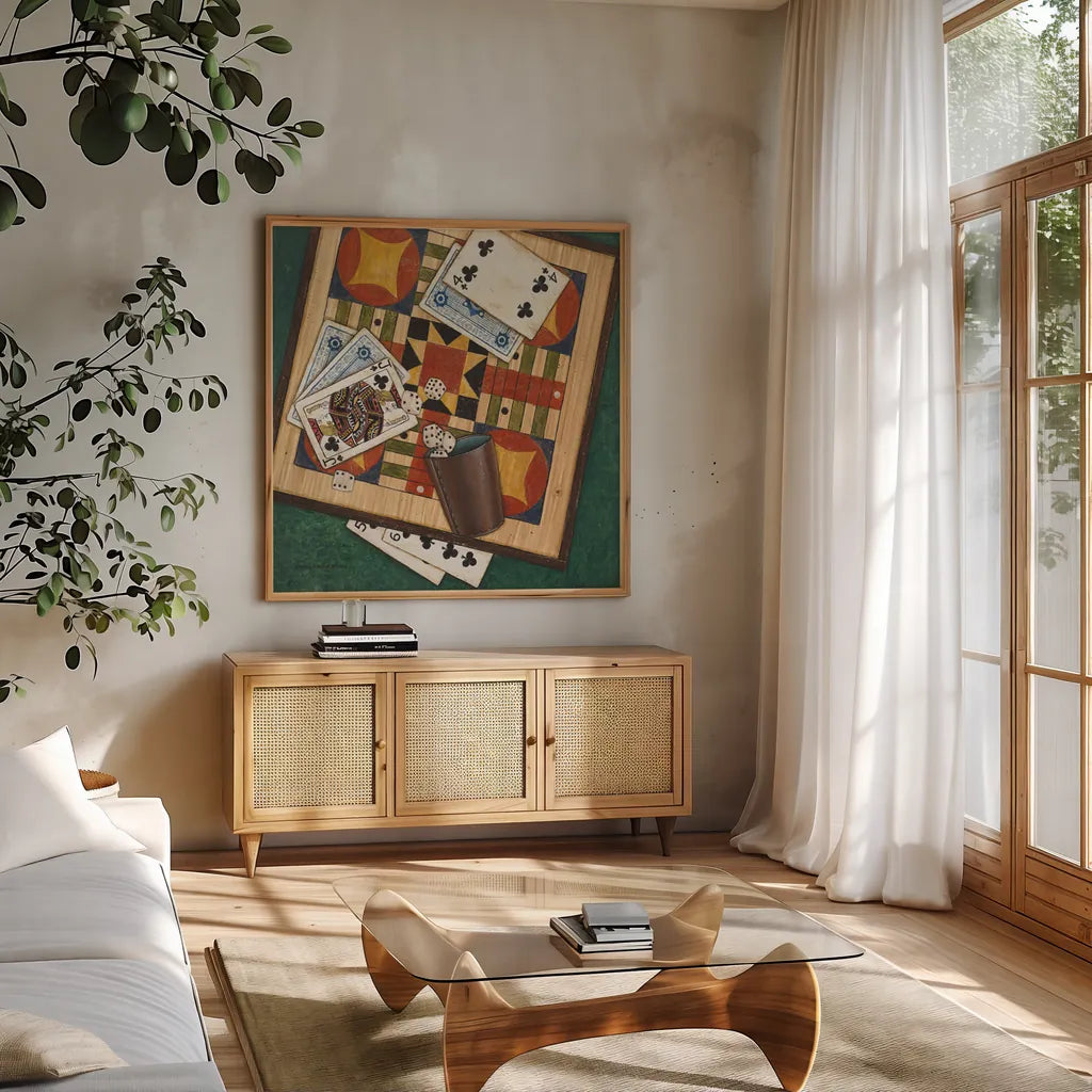 Parcheesi by David Carter Brown. Shown in a natural wood frame in a cozy modern living room. Available as an archival giclee rolled canvas, fine art paper, or poster print. SKU 1259a.