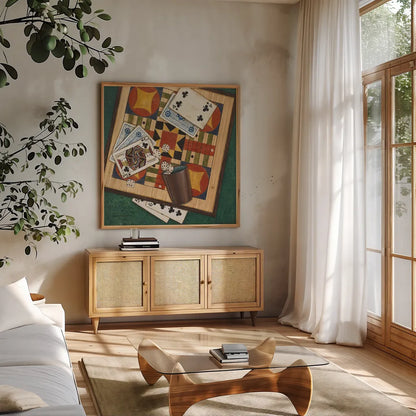 Parcheesi by David Carter Brown. Shown in a natural wood frame in a cozy modern living room. Available as an archival giclee rolled canvas, fine art paper, or poster print. SKU 1259a.