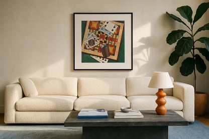 Parcheesi by David Carter Brown. Displayed in a glass frame with matte in a clean modern living room. Available as an archival giclee rolled canvas, fine art paper, or poster print. SKU 1259a.