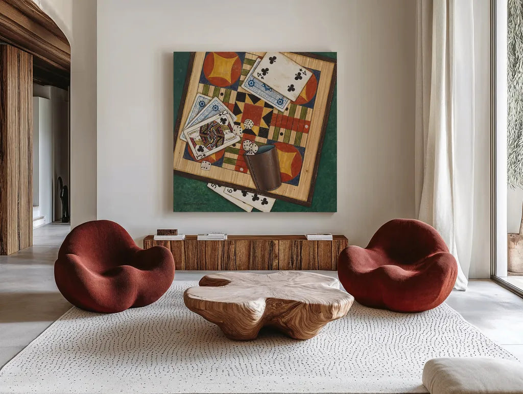 Parcheesi by David Carter Brown. Shown as extra-large giant wall art in a modern living room. Available as an archival giclee rolled canvas, fine art paper, or poster print. SKU 1259a.