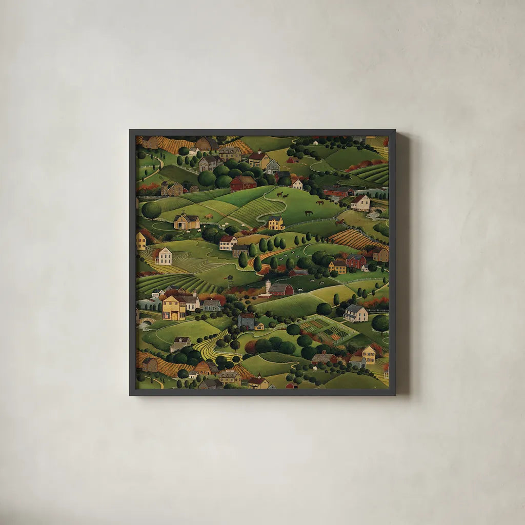 Pleasant Valley by David Carter Brown. Shown in a sleek black glass frame for a contemporary gallery look. Available as an archival giclee rolled canvas, fine art paper, or poster print. SKU 27115a.