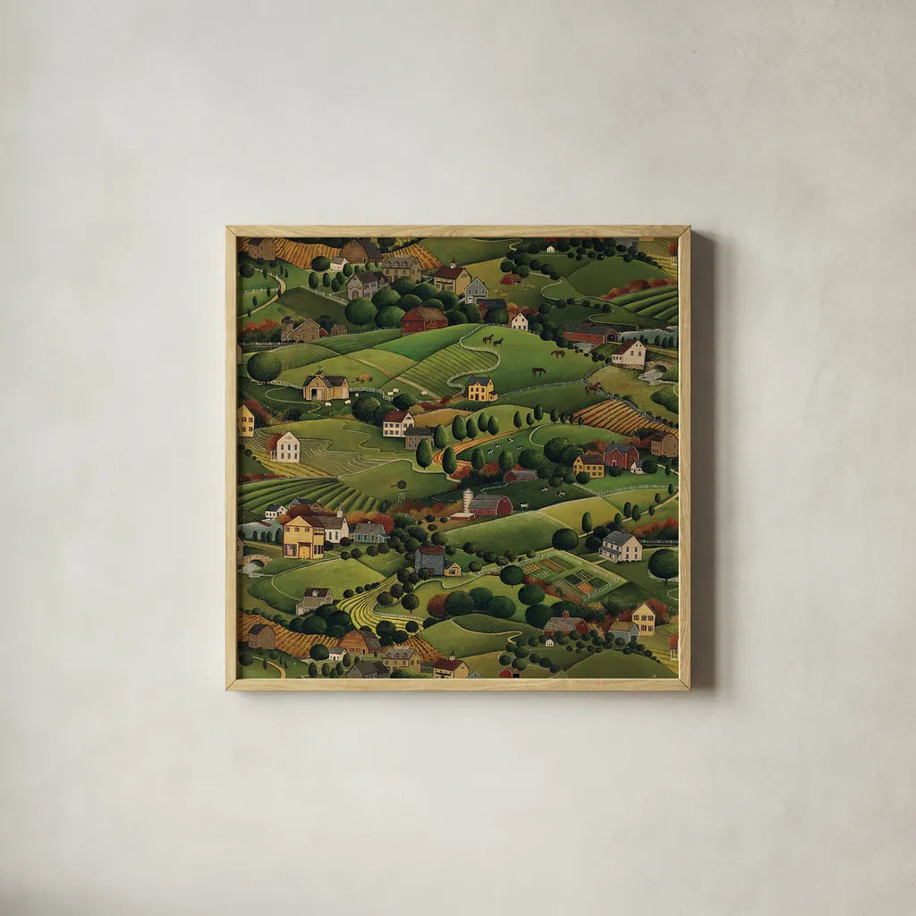 Pleasant Valley by David Carter Brown. Shown in a natural wood glass frame for a timeless modern aesthetic. Available as an archival giclee rolled canvas, fine art paper, or poster print. SKU 27115a.