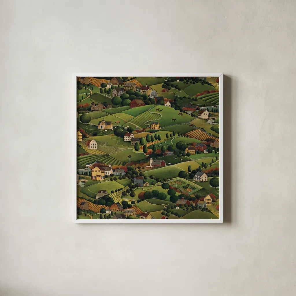 Pleasant Valley by David Carter Brown. Shown in a crisp white glass frame for a clean and minimalist style. Available as an archival giclee rolled canvas, fine art paper, or poster print. SKU 27115a.