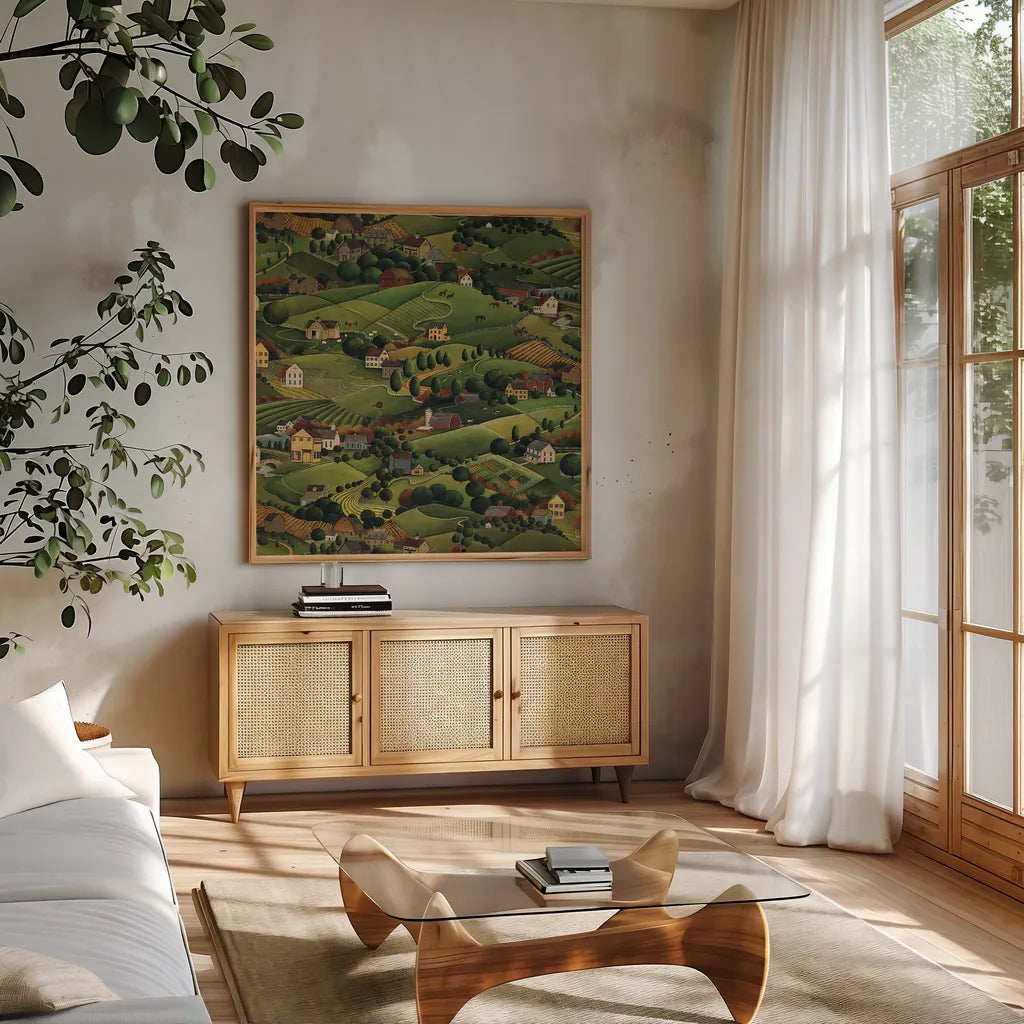 Pleasant Valley by David Carter Brown. Shown in a natural wood frame in a cozy modern living room. Available as an archival giclee rolled canvas, fine art paper, or poster print. SKU 27115a.