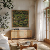 Pleasant Valley by David Carter Brown. Shown in a natural wood frame in a cozy modern living room. Available as an archival giclee rolled canvas, fine art paper, or poster print. SKU 27115a.