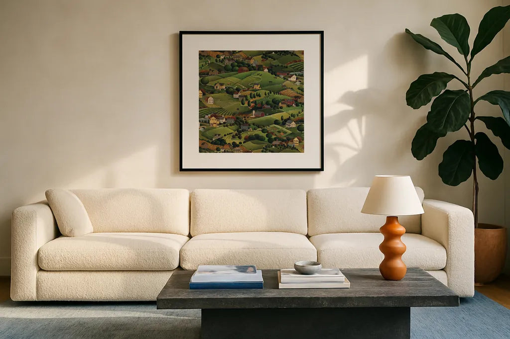 Pleasant Valley by David Carter Brown. Displayed in a glass frame with matte in a clean modern living room. Available as an archival giclee rolled canvas, fine art paper, or poster print. SKU 27115a.