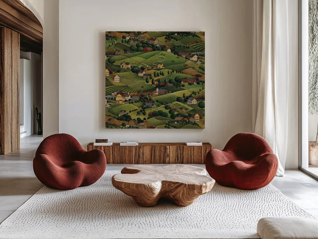 Pleasant Valley by David Carter Brown. Shown as extra-large giant wall art in a modern living room. Available as an archival giclee rolled canvas, fine art paper, or poster print. SKU 27115a.