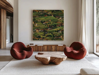 Pleasant Valley by David Carter Brown. Shown as extra-large giant wall art in a modern living room. Available as an archival giclee rolled canvas, fine art paper, or poster print. SKU 27115a.