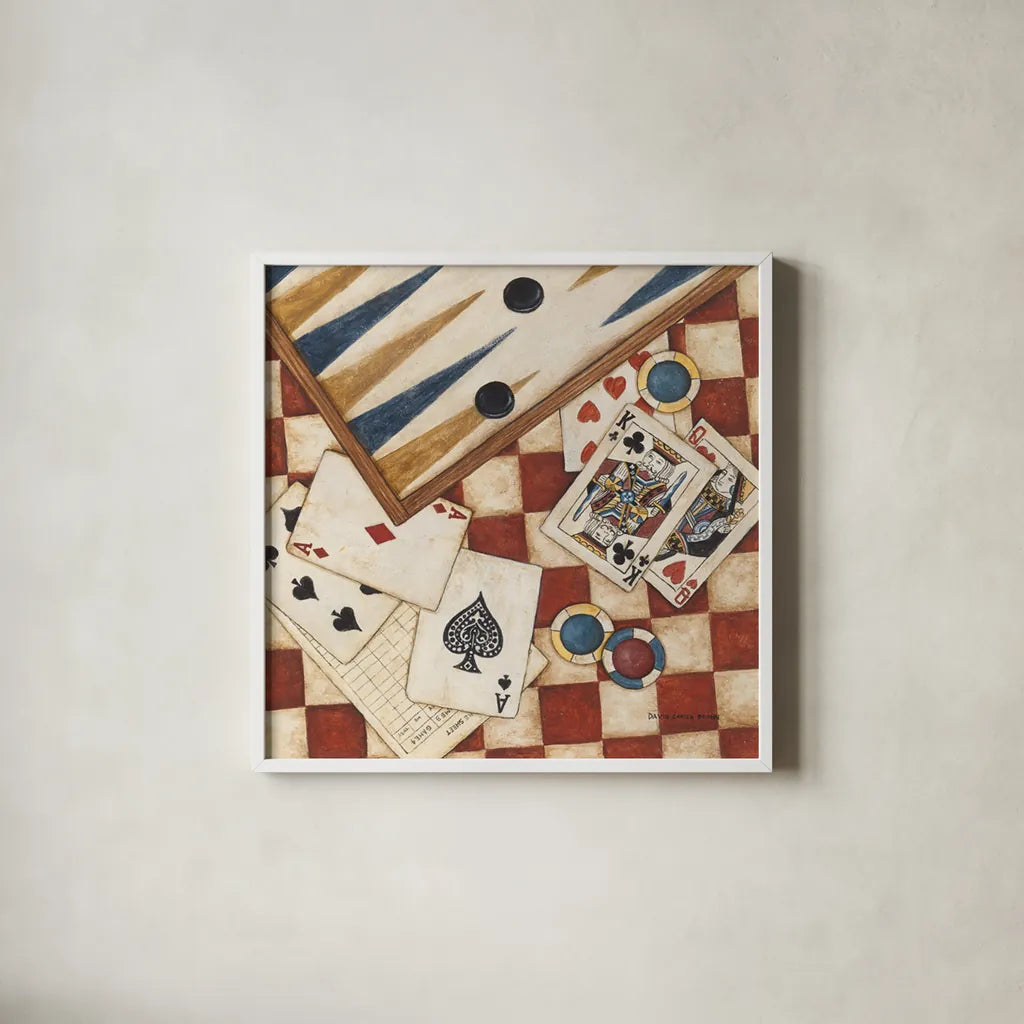 Poker by David Carter Brown. Shown in a crisp white glass frame for a clean and minimalist style. Available as an archival giclee rolled canvas, fine art paper, or poster print. SKU 1260a.