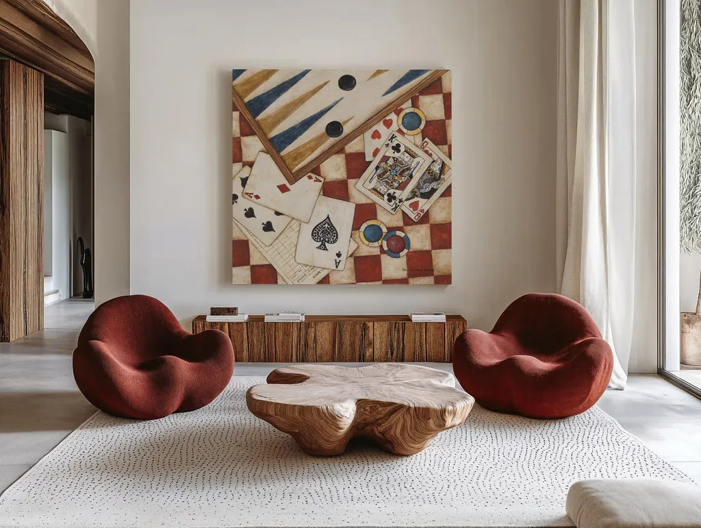 Poker by David Carter Brown. Shown as extra-large giant wall art in a modern living room. Available as an archival giclee rolled canvas, fine art paper, or poster print. SKU 1260a.
