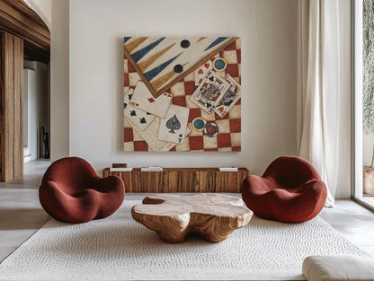 Poker by David Carter Brown. Shown as extra-large giant wall art in a modern living room. Available as an archival giclee rolled canvas, fine art paper, or poster print. SKU 1260a.