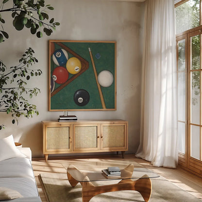 Pool by David Carter Brown. Shown in a natural wood frame in a cozy modern living room. Available as an archival giclee rolled canvas, fine art paper, or poster print. SKU 1261a.