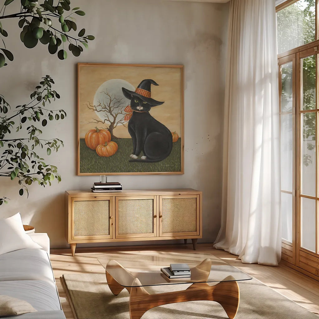 Pretty Kitty by David Carter Brown. Shown in a natural wood frame in a cozy modern living room. Available as an archival giclee rolled canvas, fine art paper, or poster print. SKU 58949a.