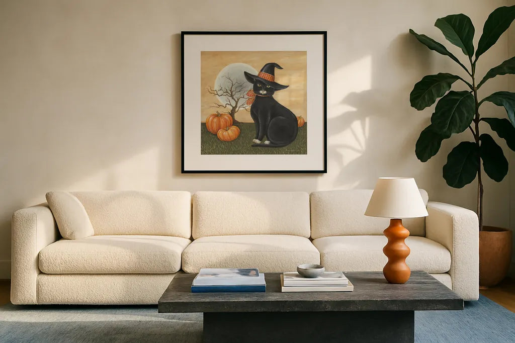 Pretty Kitty by David Carter Brown. Displayed in a glass frame with matte in a clean modern living room. Available as an archival giclee rolled canvas, fine art paper, or poster print. SKU 58949a.
