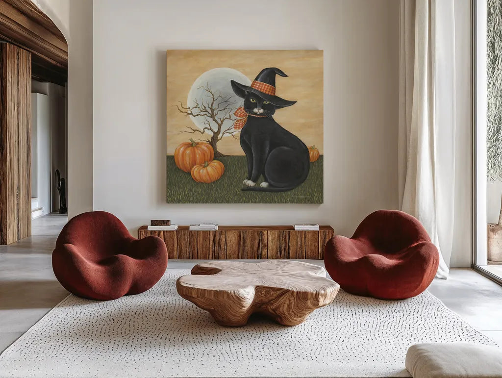 Pretty Kitty by David Carter Brown. Shown as extra-large giant wall art in a modern living room. Available as an archival giclee rolled canvas, fine art paper, or poster print. SKU 58949a.