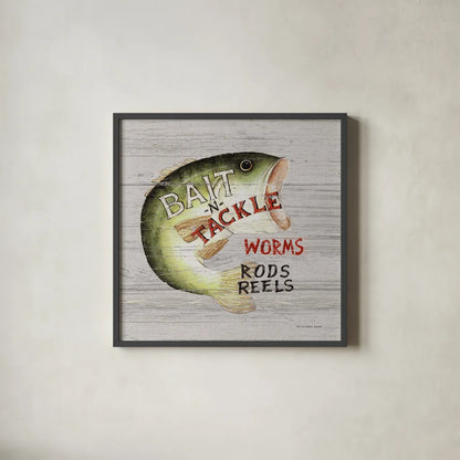 Rods and Reels by David Carter Brown. Shown in a sleek black glass frame for a contemporary gallery look. Available as an archival giclee rolled canvas, fine art paper, or poster print. SKU 57495a.