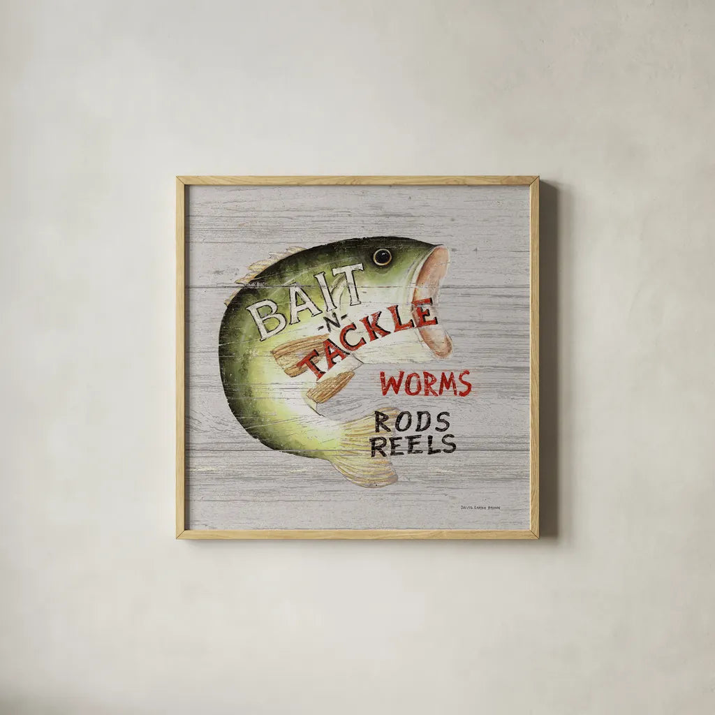 Rods and Reels by David Carter Brown. Shown in a natural wood glass frame for a timeless modern aesthetic. Available as an archival giclee rolled canvas, fine art paper, or poster print. SKU 57495a.