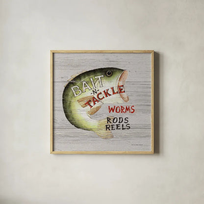 Rods and Reels by David Carter Brown. Shown in a natural wood glass frame for a timeless modern aesthetic. Available as an archival giclee rolled canvas, fine art paper, or poster print. SKU 57495a.