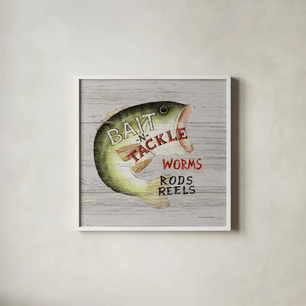 Rods and Reels by David Carter Brown. Shown in a crisp white glass frame for a clean and minimalist style. Available as an archival giclee rolled canvas, fine art paper, or poster print. SKU 57495a.