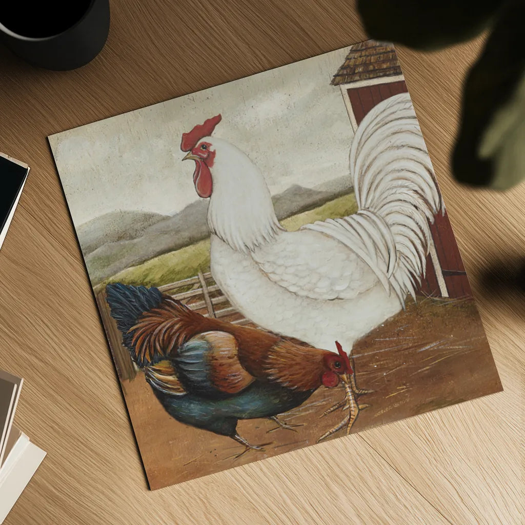 Rooster Pair III by David Carter Brown. Shown as a detailed flat fine art print, highlighting archival giclee quality. Available as an archival giclee rolled canvas, fine art paper, or poster print. SKU 37679a.