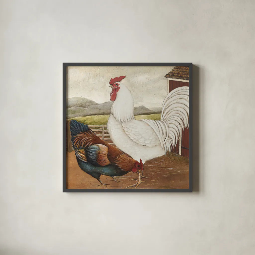 Rooster Pair III by David Carter Brown. Shown in a sleek black glass frame for a contemporary gallery look. Available as an archival giclee rolled canvas, fine art paper, or poster print. SKU 37679a.