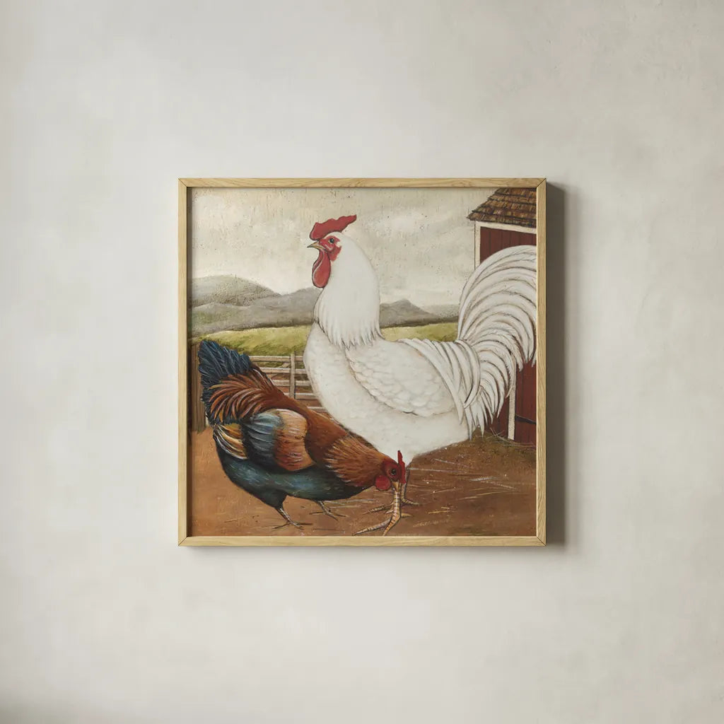 Rooster Pair III by David Carter Brown. Shown in a natural wood glass frame for a timeless modern aesthetic. Available as an archival giclee rolled canvas, fine art paper, or poster print. SKU 37679a.